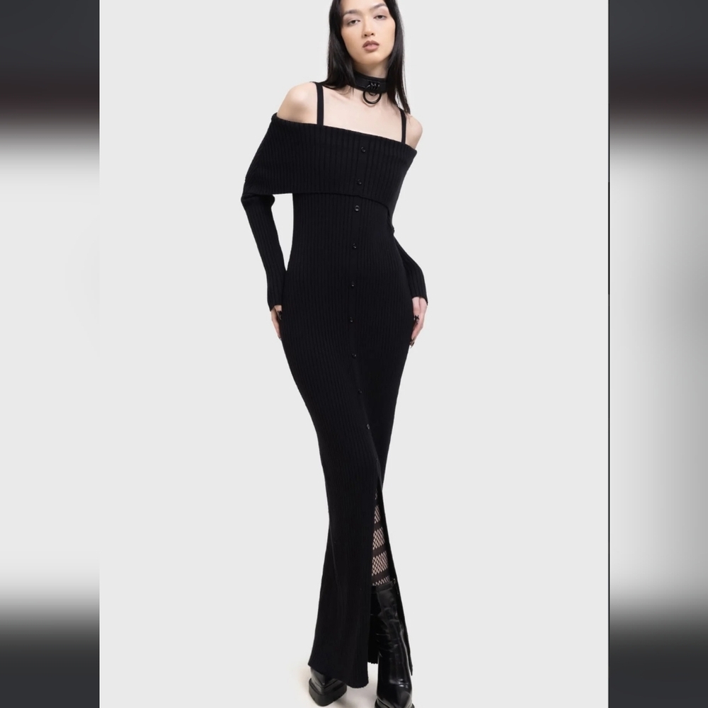 Killstar Black Off-Shoulder Ribbed Dress
